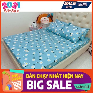 Bộ ga gối 1m2,gồm 1ga 1 vỏ gối vải cotton poly-bông hoa cúc trắng