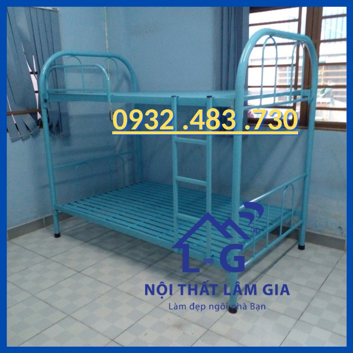 Giường Sắt 2 Tầng ống tròn sơn tĩnh điện bền, đẹp, rẻ Ngang 1mx1mx2m màu xanh