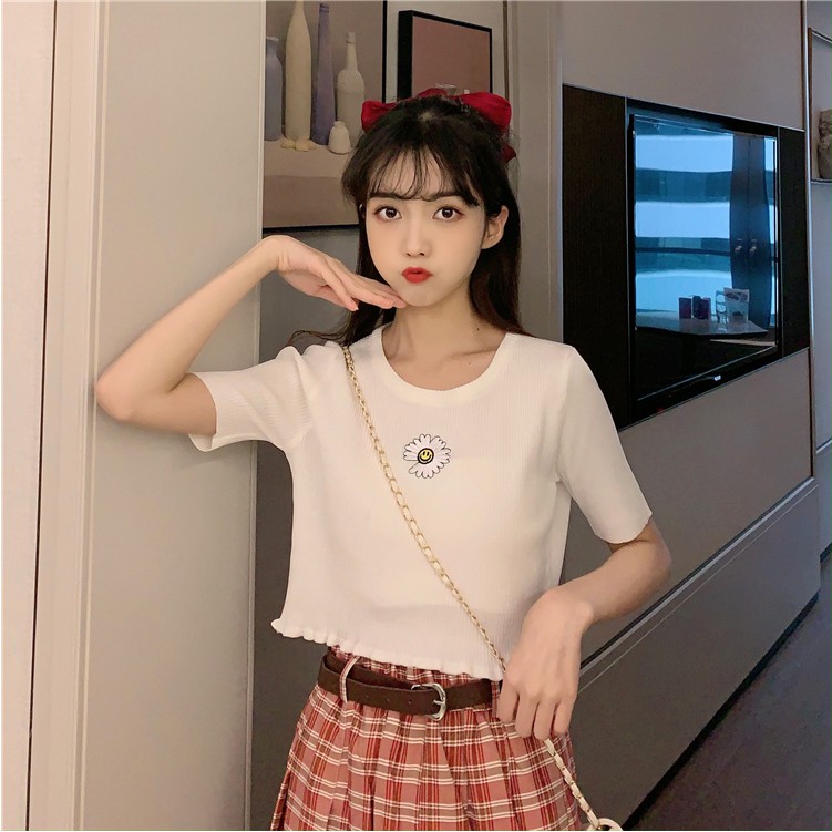 [GIÁ SỈ] Áo croptop cổ tròn thêu hoa chất cotton dày dặn co giãn 4 chiều SABI SHOP FREE SIZE DƯỚI 60KG | BigBuy360 - bigbuy360.vn