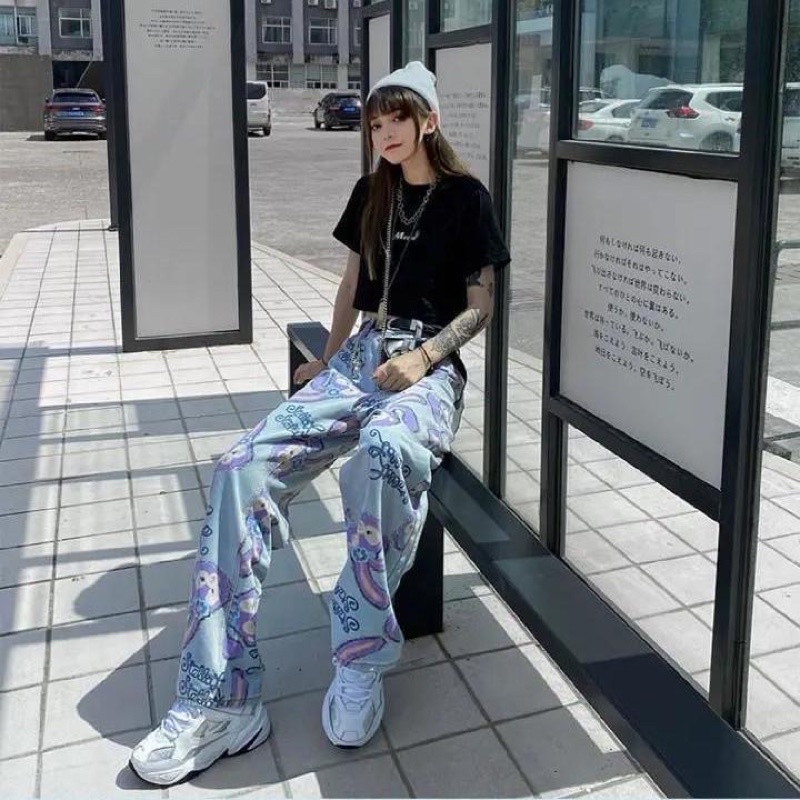 Quần Jean Ống Rộng Lưng Cao Hoạ Tiết Hoạt Hình Siêu Chất