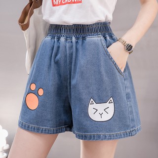 Quần Short Nữ Vải Jean Lưng Thun In Hình Hoạt Hình Đáng Yêu