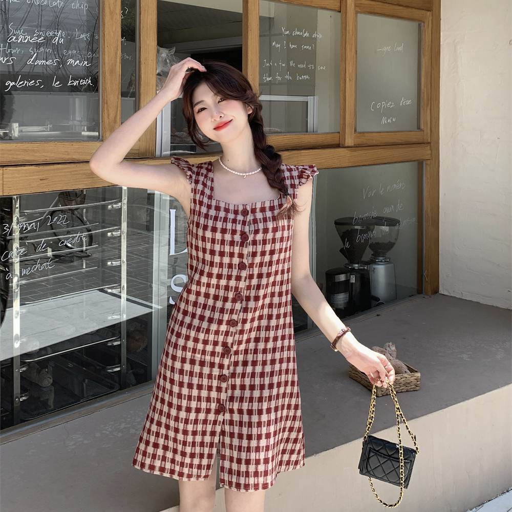 Đầm voan ngắn tay họa tiết ca rô xinh xắn đáng yêu hợp thời trang dành cho nữ