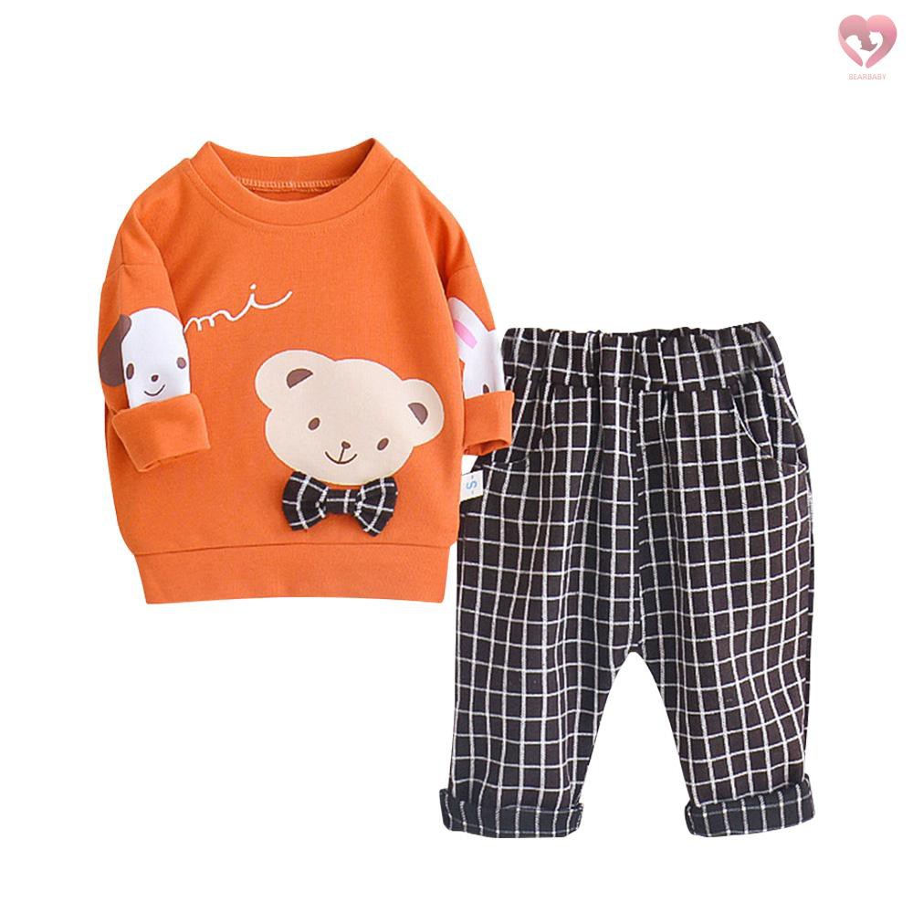 YueYueMao Baby Boy Long Sleeves Suit for Autumn Printed Bear Clothes and Long Plaid Trousers Daily Wear Clothing for Baby Boys Toddlers Kids 1 to 3