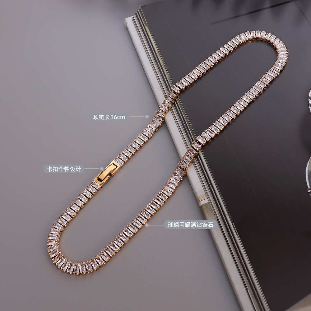 Dây chuyền thép titan mạ vàng 18K đính đá zircon toàn diện phong cách Pháp sang trọng cho nữ