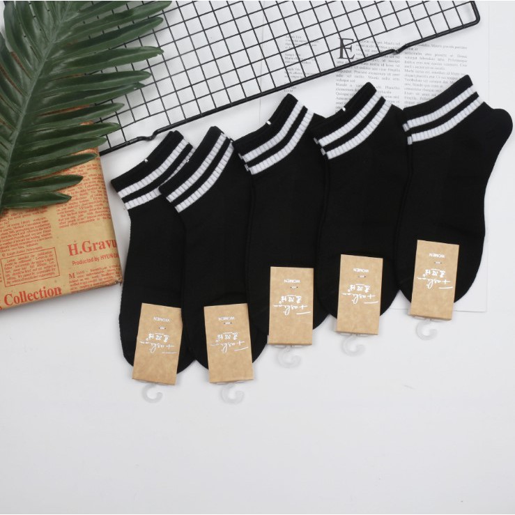 Tất vớ Hàn Quốc nam nữ, cotton đanh mịn cao cấp, cổ ngắn Đen kẻ sooc trắng phong cách trẻ trung cá tính.