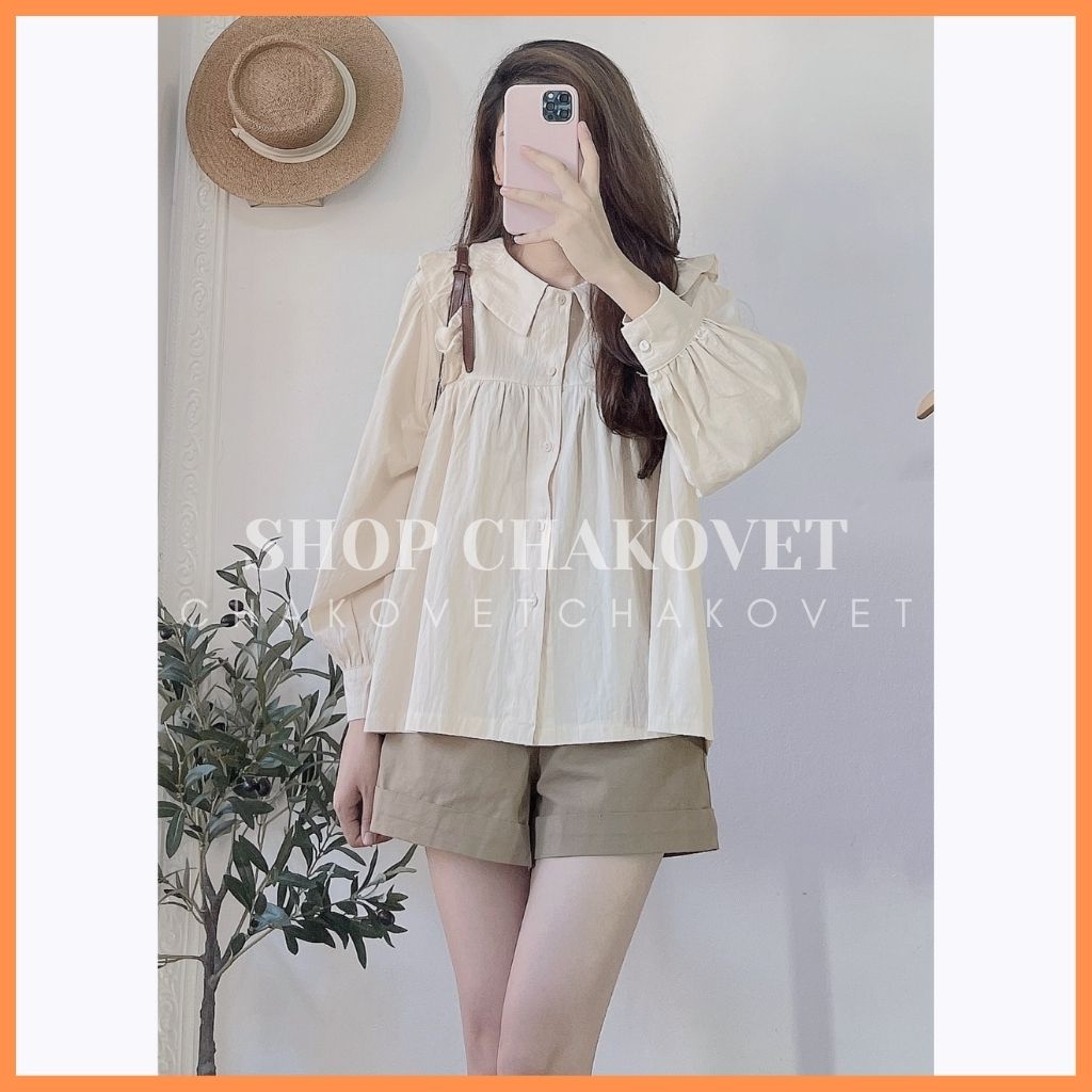 Áo sơ mi nữ dài tay form rộng CKA872, kiểu áo nữ cổ bẻ dáng babydoll trắng tiểu thư vai bèo mặc đi làm, đi học, đi chơi