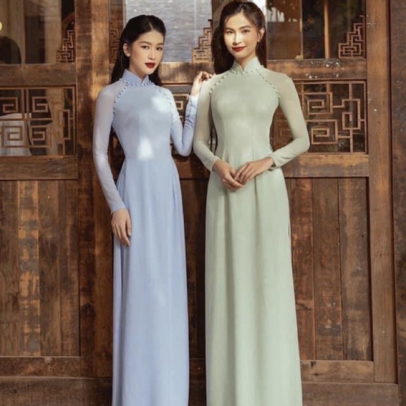 Áo Dài Chiffon 4 tà Đính Cúc Bọc_Áo dài may sẵn cao cấp (Quần Chiffon 2 lớp)