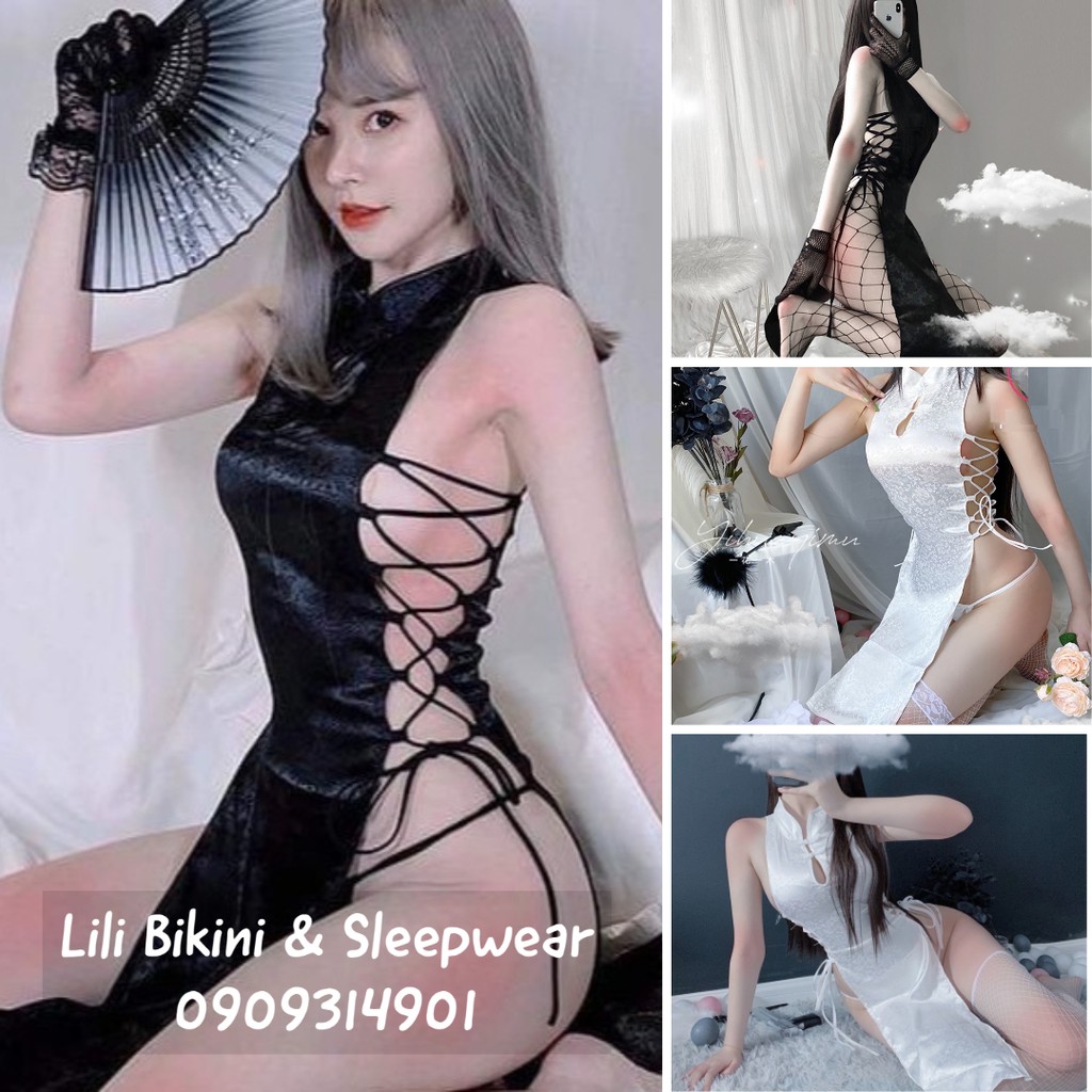 Cosplay sườn xám Trung Hoa xẻ tà đan dây hông cosplay sexy màu đen, trắng