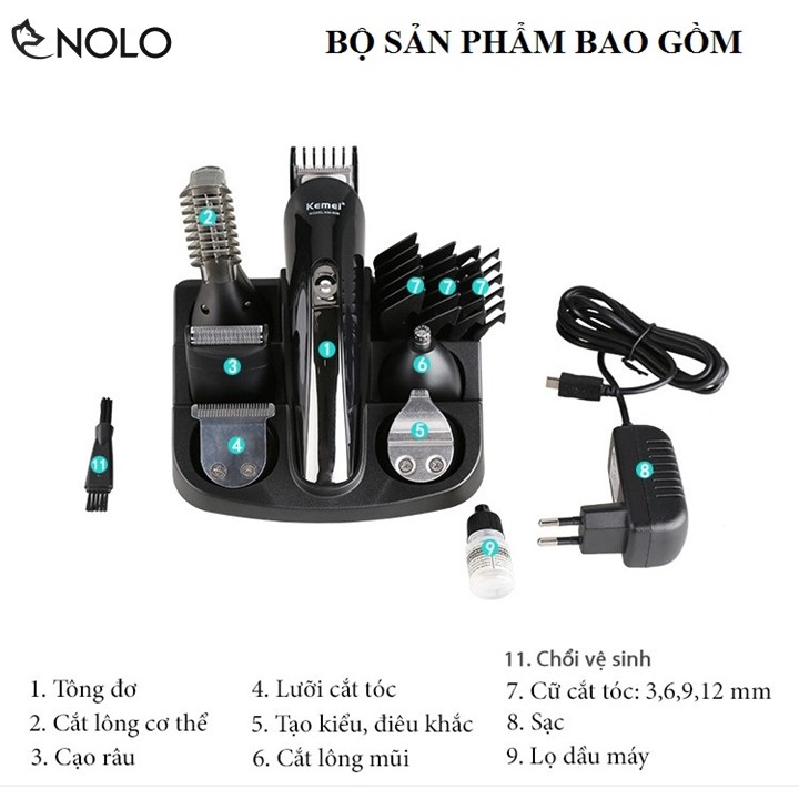 Tông Đơ Pin Sạc Chuyên Nghiệp 6in1 Kemei Model KM600 Đã Có Bao Gồm Đế Đỡ Và Phụ Kiện Đi Kèm Như Hình