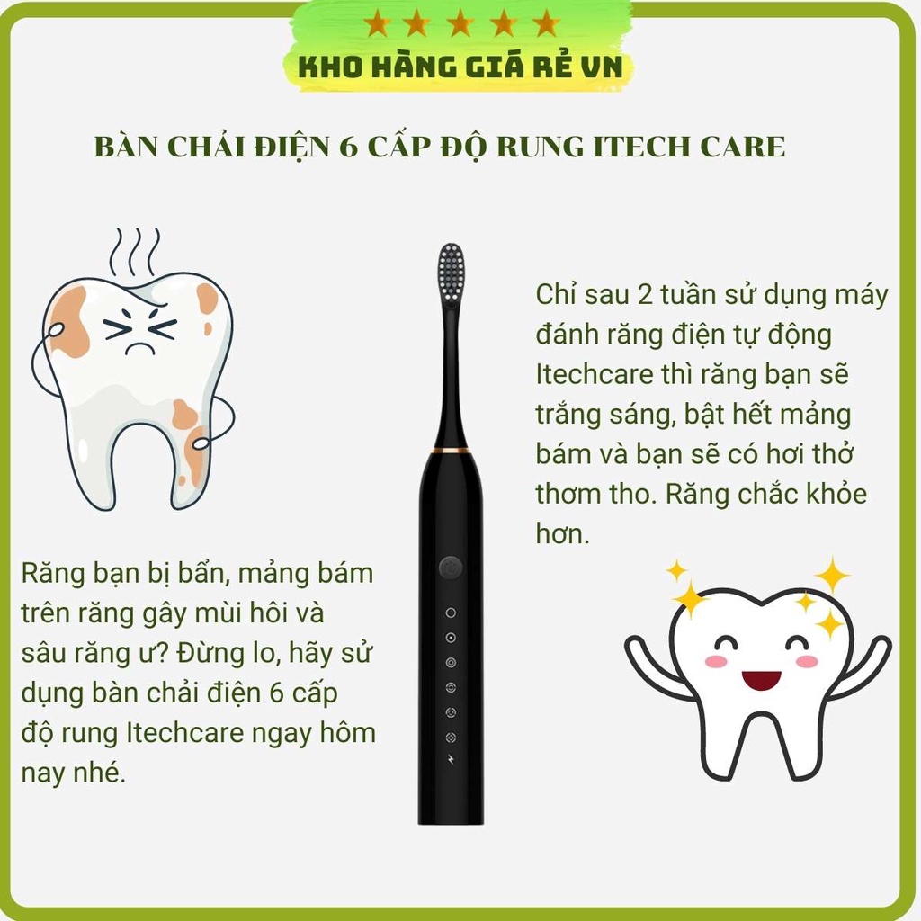 Bàn chải đánh răng điện sóng âm máy đánh răng tự động 6 tốc độ với lông chải siêu mềm giá sỉ lẻ Kho hàng giá rẻ VN