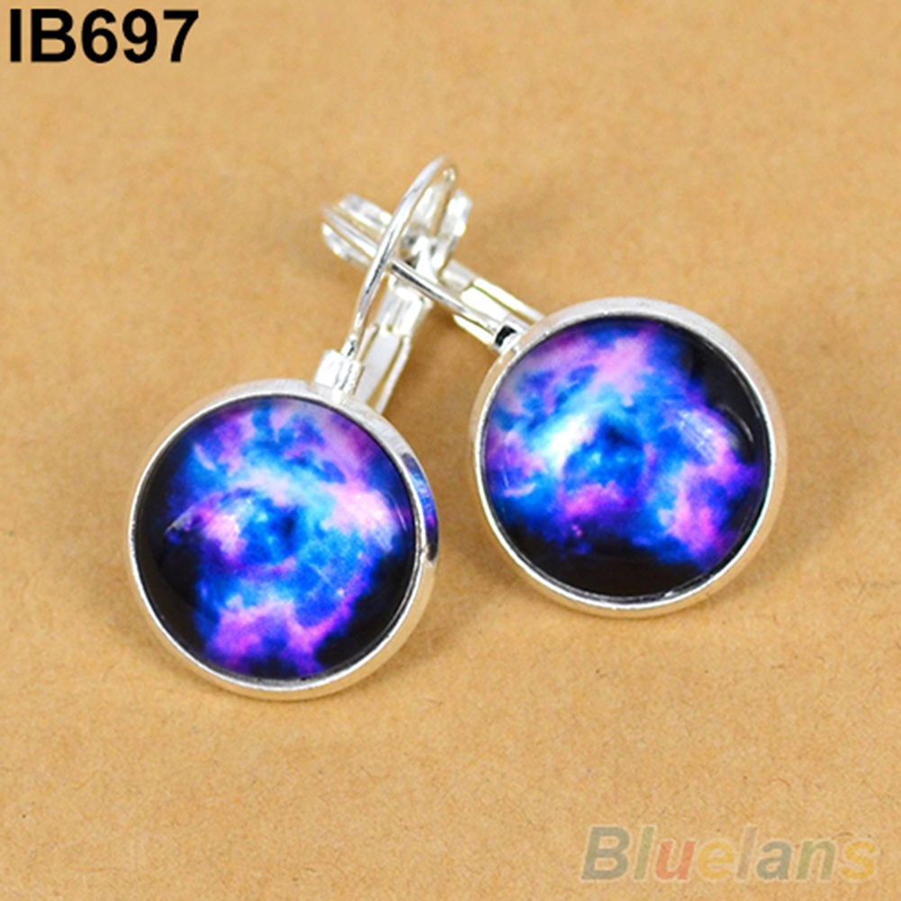 Khuyên tai mạ bạc mặt tròn họa tiết thiên hà nhiều màu sắc đa dạng