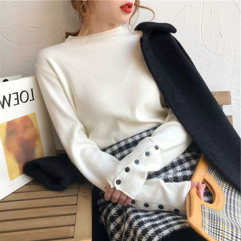 Áo kiểu ZHELIHANGFEI vải dệt kim tay dài cổ cao phong cách phương Tây thời trang dành cho nữ