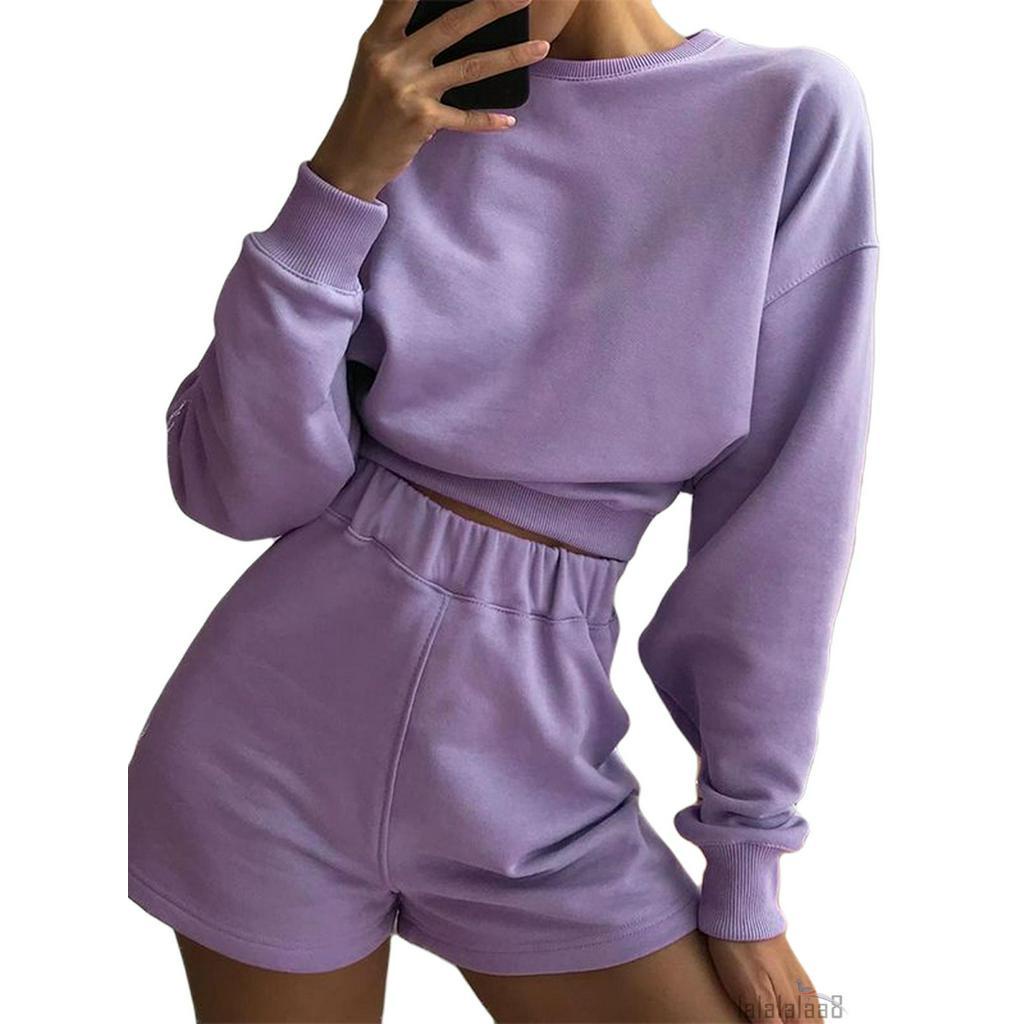 Set Áo Croptop Tay Dài Màu Trơn Phối Quần Short Lưng Thun Co Giãn Cho Nữ