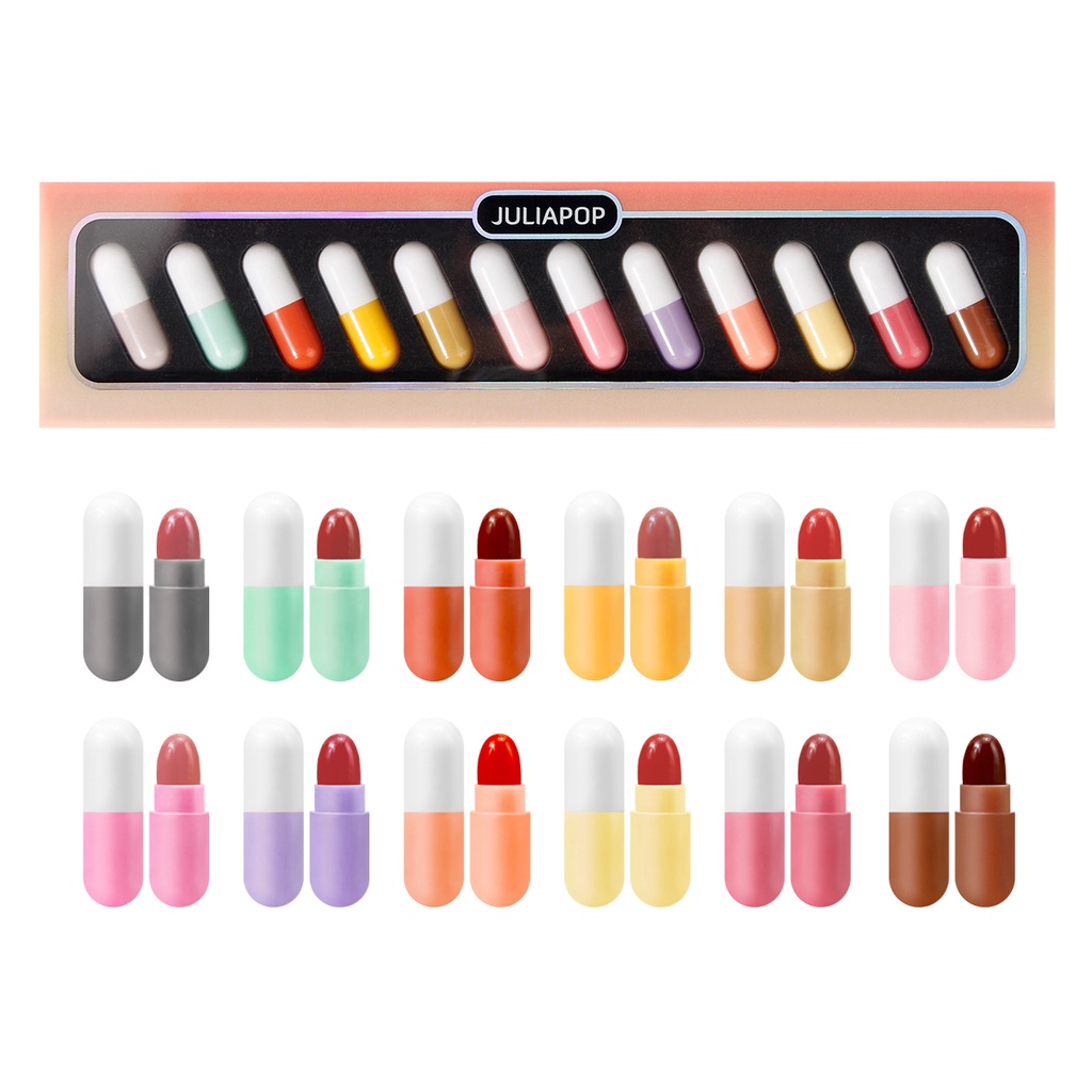 Set 12 son môi Mini lâu trôi thiết kế hình viên thuốc dễ thương