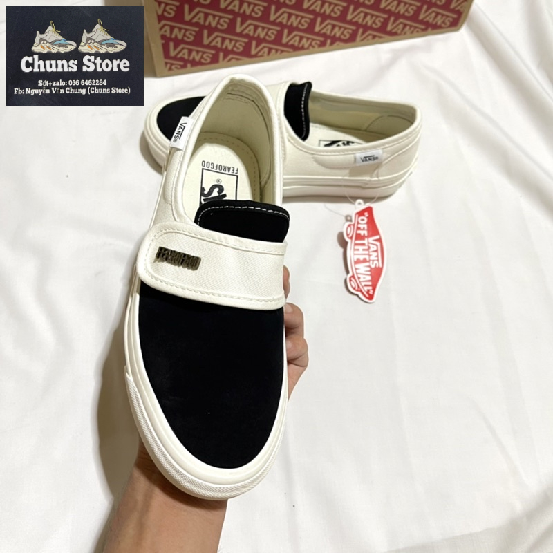 Giày Vans fear of god slipon trắng đen sc, giày Van fog lười âm dương cao cấp