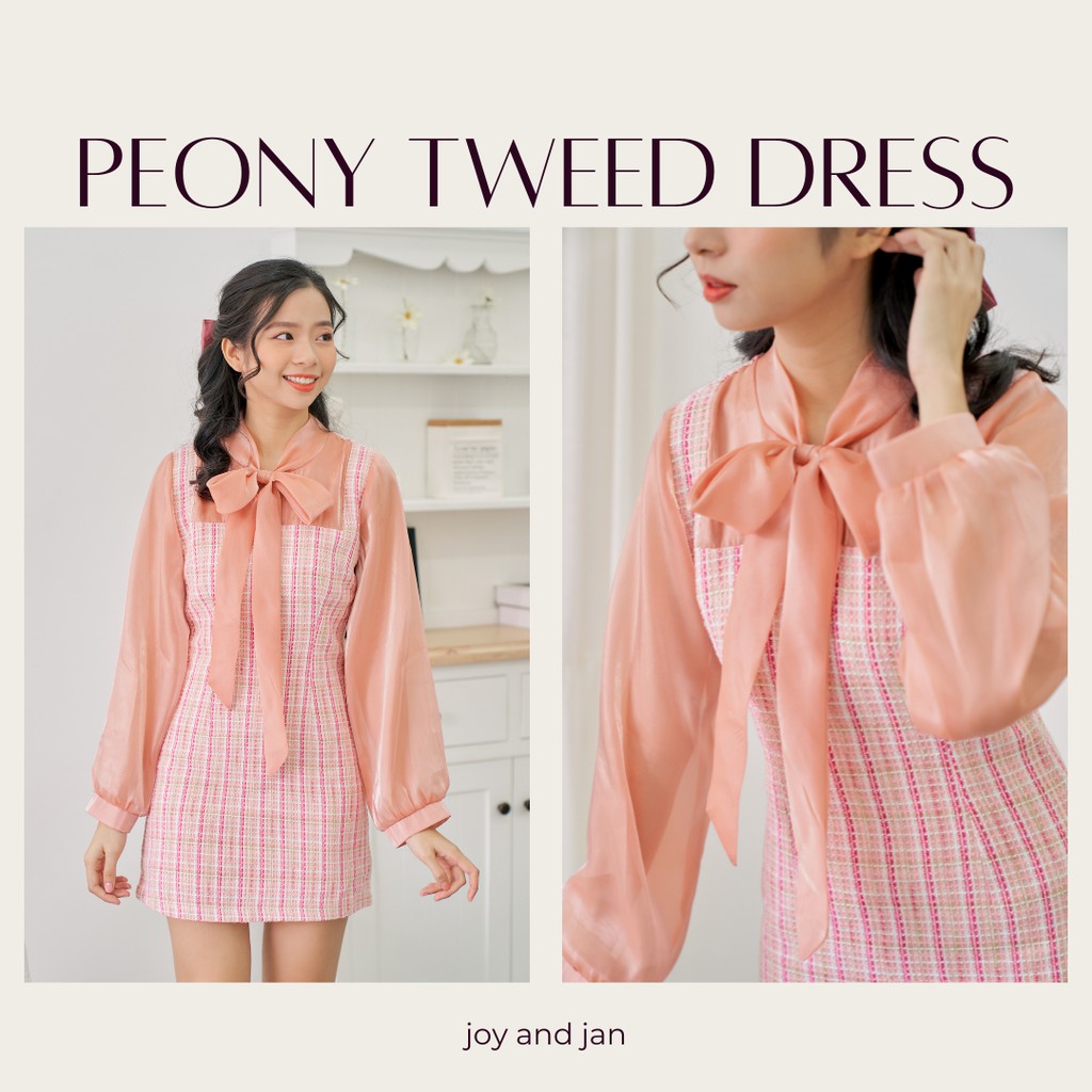 Đầm tiểu thư cổ thắt nơ , đầm ôm tay phồng , hàng thiết kế Peony Tweed Dress D037 (ảnh thật)