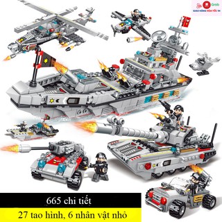 Bộ xếp hình đồ chơi LEGO tàu chiến 665 chi tiết với 27 tạo hình máy bay, xe tăng, ô tô.. phát triển trí tưởng tượng