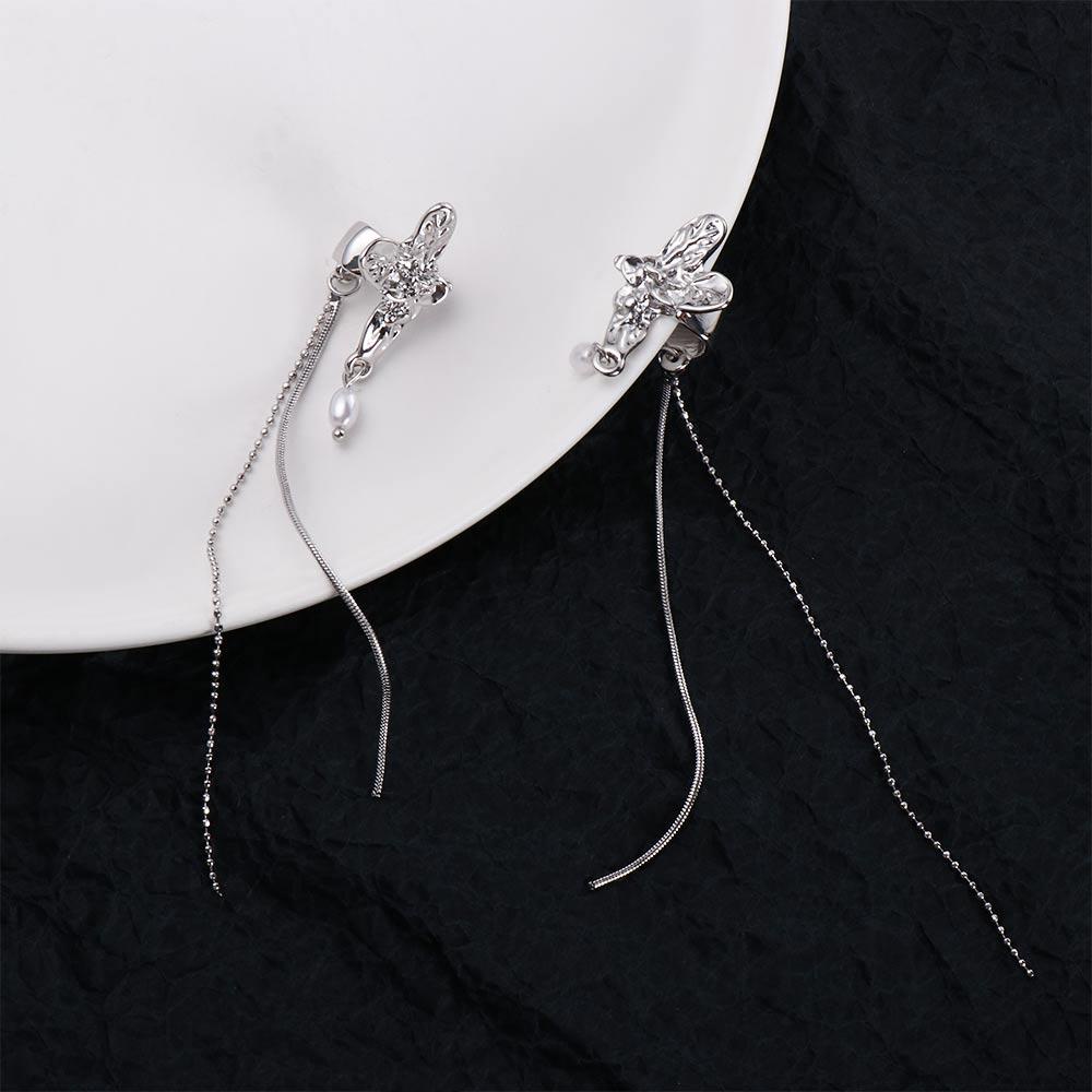 Bông Tai Dạng Kẹp Phối Tua Rua Phong Cách Hàn Quốc Cổ Điển Thời Trang