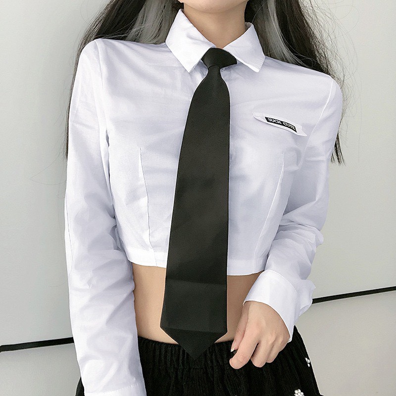 Áo croptop tay dài sơ mi cà vạt Such Cute cà vạt đen phong cách trẻ trung- BITCHES