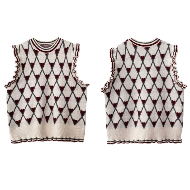 Áo Sweater Dệt Kim Sát Nách Dáng Rộng Họa Tiết Kẻ Sọc Phối Bèo Dễ Thương Cho Nữ