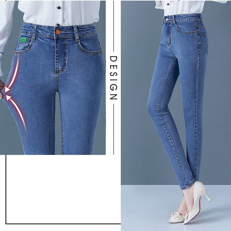 Quần jeans nữ cạp cao trên rốn siêu co giãn form dáng ôm cực đẹp, co dãn 360, Quần Jean Nữ Lưng Cao Túi Trước 1 cúc