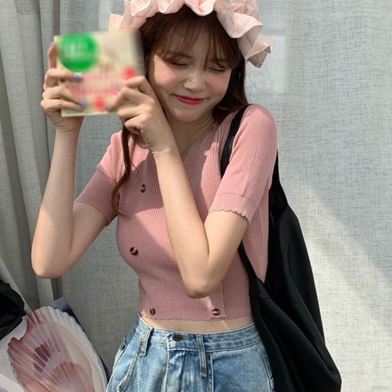 Áo Thun Dệt Kim Tay Ngắn Cổ Chữ V Màu Trơn Phong Cách Hàn Quốc