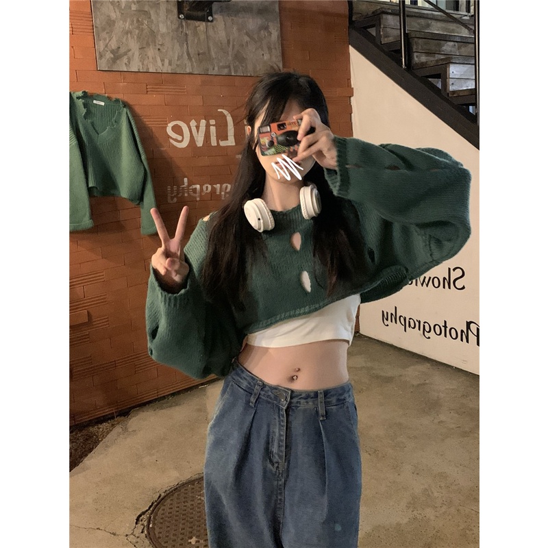「MOTEL7」Áo Sweater Dệt Kim Tay Dài Dáng Rộng Ngắn Lỗ Rỗng Màu Xanh Lá Cây Phong Cách Hàn Quốc Sang Trọng Cho Nữ
