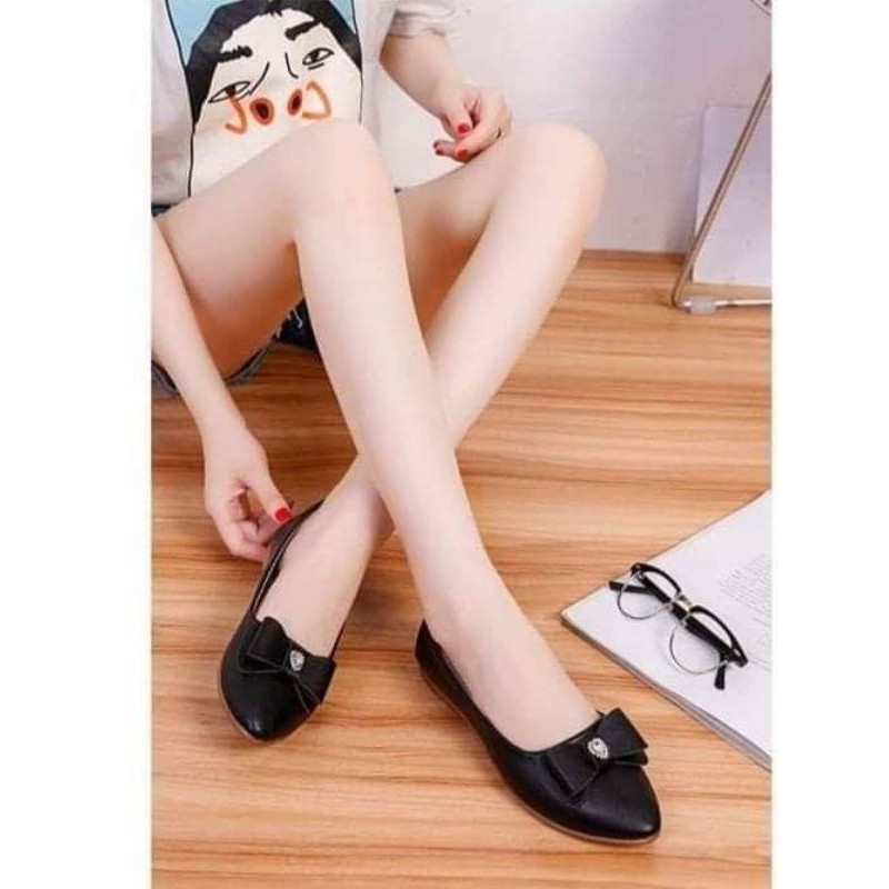 Giày búp bê nữ da mềm đế cao 2cm đen trắng kem