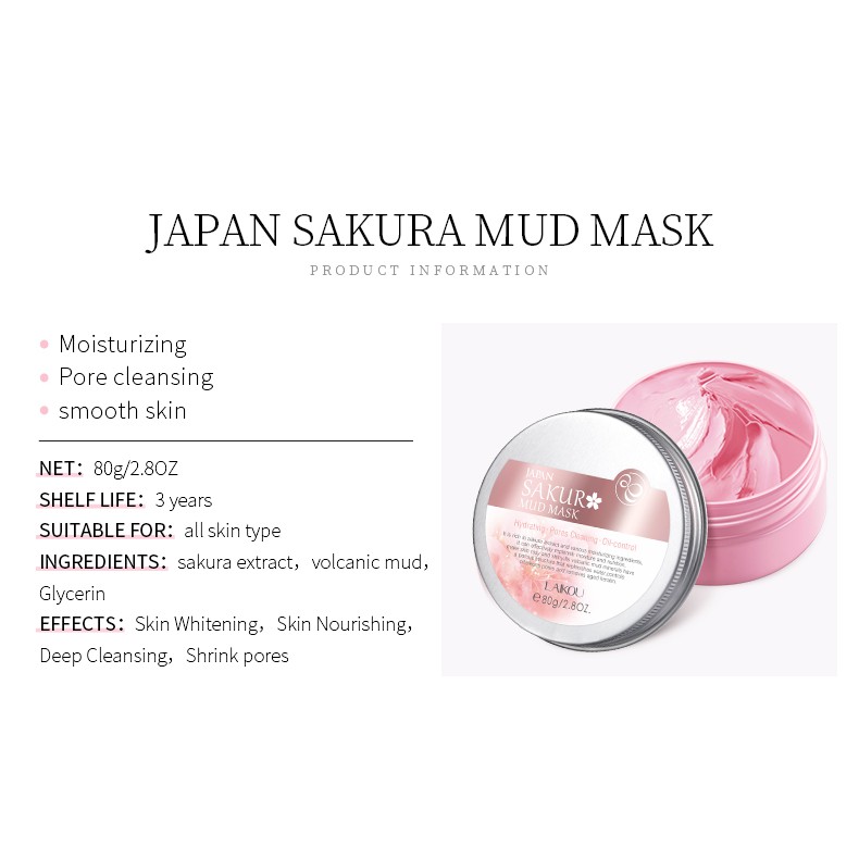 LAIKOU Sakura Mud Mask Làm sạch sâu loại bỏ mụn đầu đen Kiểm soát mặt nạ đất sét Mặt nạ chăm sóc da 80g