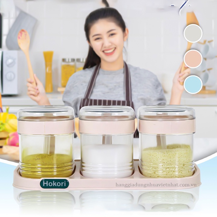 Bộ 3 lọ đựng gia vị Hokori kèm thìa tiện lợi nhựa Việt Nhật (MS: 2936), Hũ đựng gia vị có nắp đậy - Cocochang shop