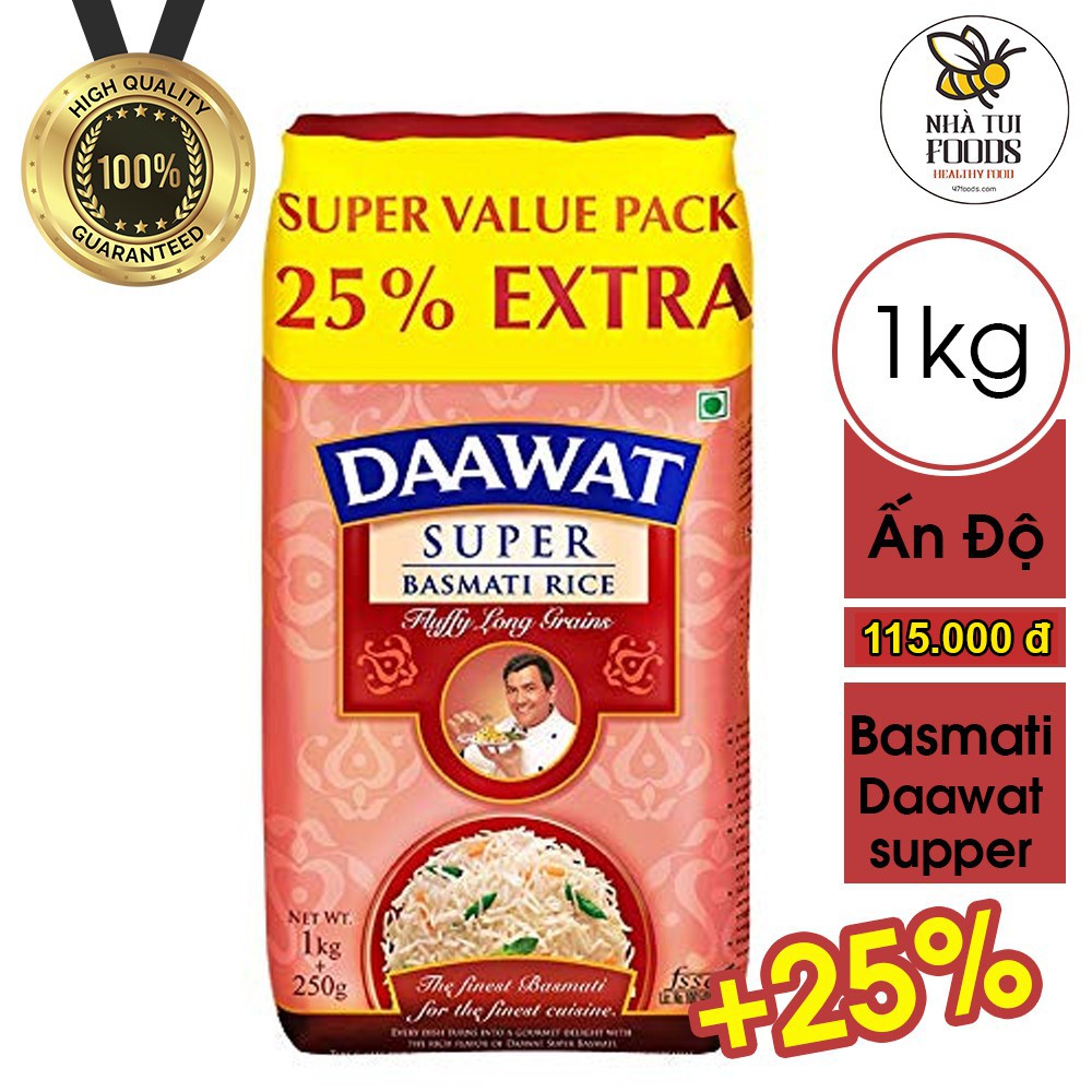 Gạo Ấn Độ Basmati Daawat Supper 1kg (+Extra 25%) cho người ăn kiêng, tiểu đường