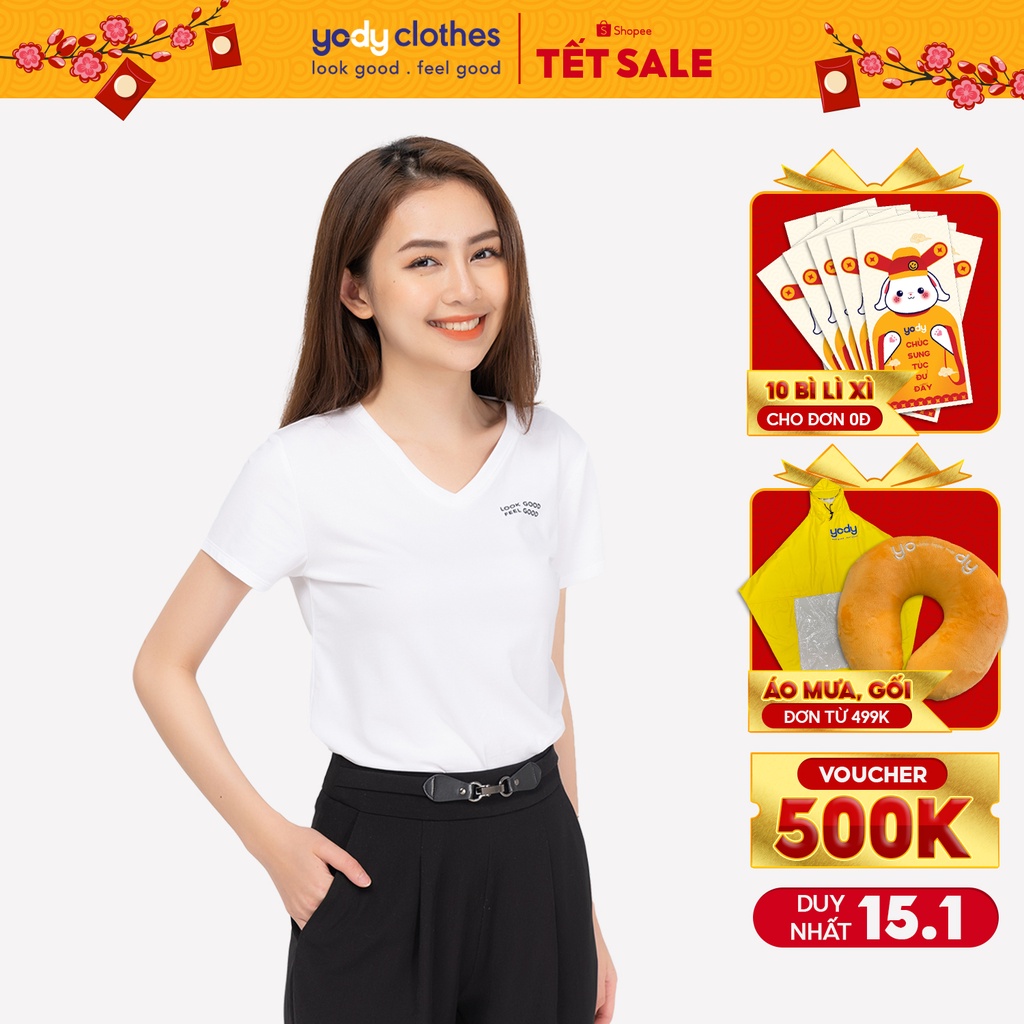 Áo phông nữ YODY form rộng vải cotton thoáng mát nhiều màu, size lớn TSN5346