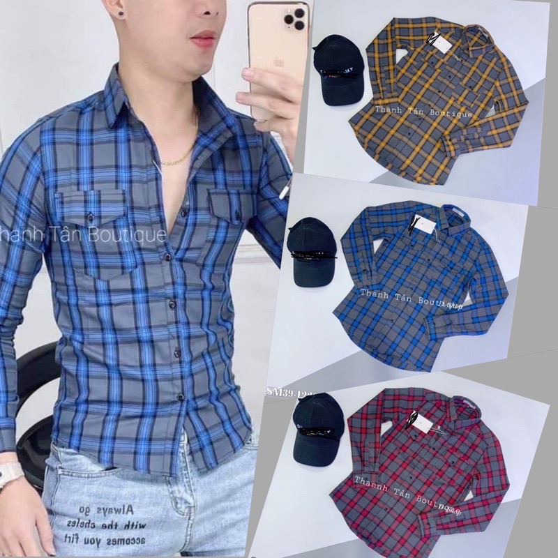 Áo sơ mi bbr nam dài tay kẻ sọc caro , chất liệu cotton không phai màu thấm hút mồ hôi