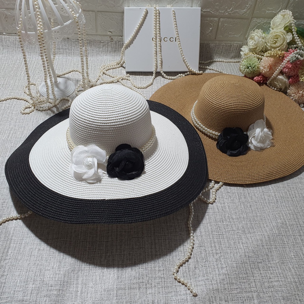 Mũ Cói thời trang đi biển Vành Rộng sang chảnh gắn hoa xinh