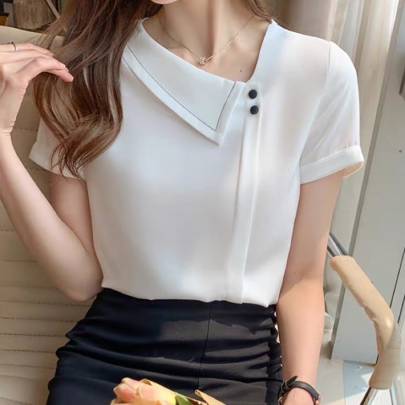MS141 áo sơ mi công sở nữ cổ lệch phối nút