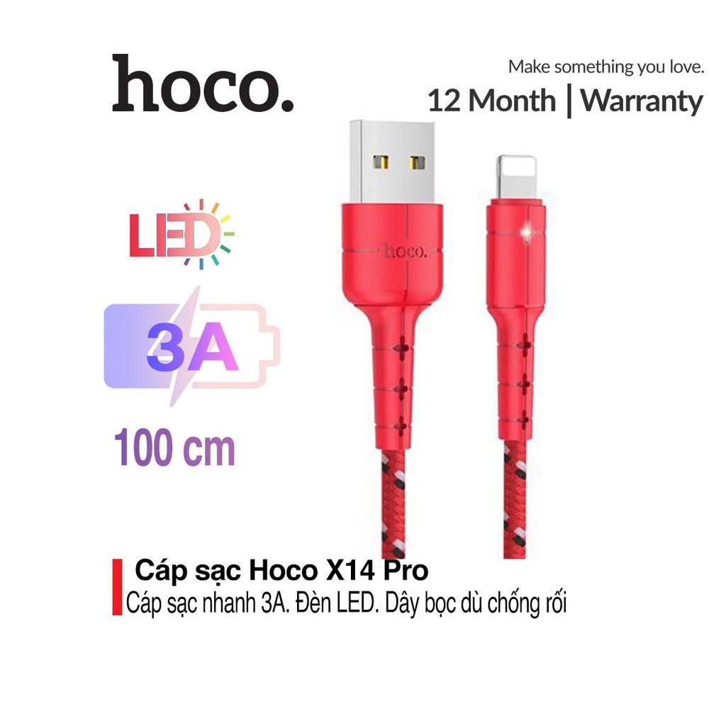 Cáp sạc Lightning Hoco X14 Pro cho iPhone XS max, iPhone 11, iPhone 11 Pro max, hỗ trợ sạc nhanh 3A Max - LED báo sạc