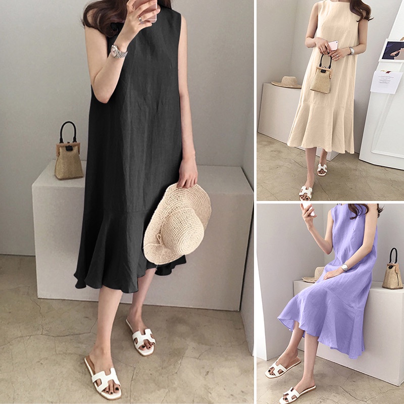 Zanzea Đầm Nữ Cộc Tay Cổ Tròn Form Rộng Thời Trang Hàn