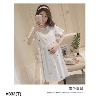 Váy bầu hoa trắng vải thô phong cách Hàn Quốc
