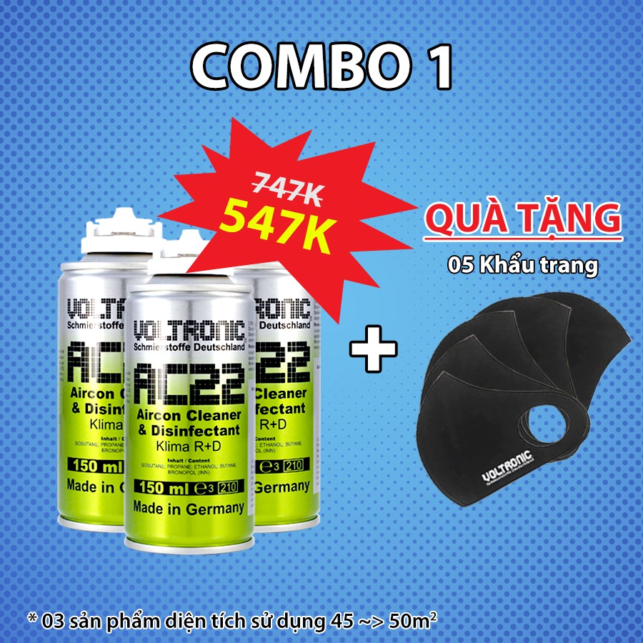 Combo 3 Chai xịt khử khuẩn Voltronic AC22 - Tặng kèm 5 khẩu trang vải