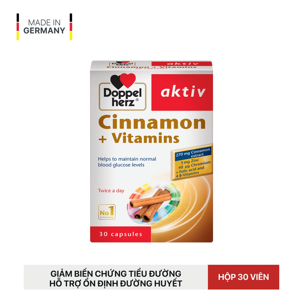 [TPCN Nhập Khẩu - DATE 10/2021] Viên uống giảm biến chứng tiểu đường Doppelherz Aktiv Cinnamon + Vitamins (Hộp 30 viên)