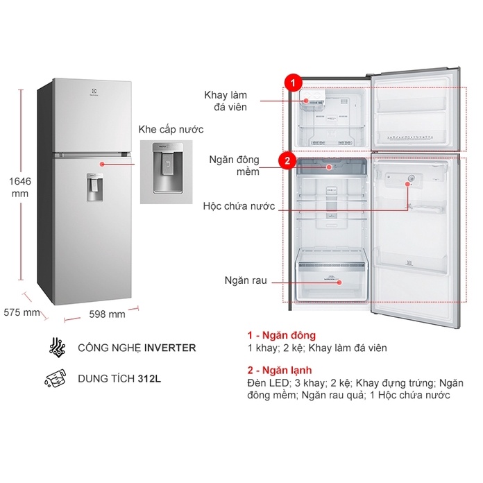 Tủ lạnh Electrolux Inverter 341 lít ETB3740K-A / ETB3740K-H   - HÀNG CHÍNH HÃNG
