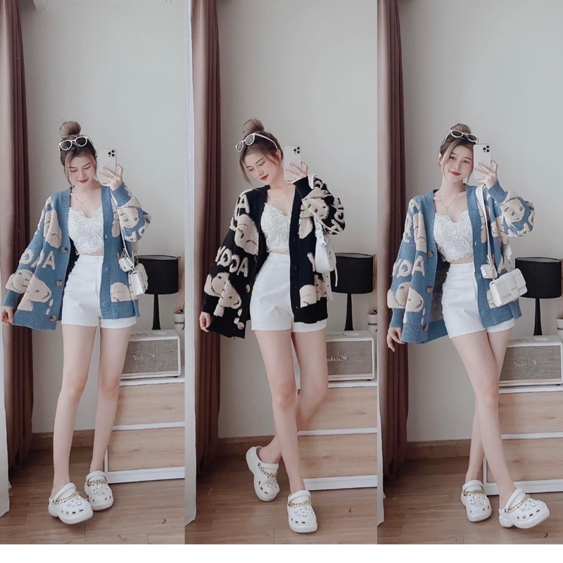 Áo khoác cardigan len đen xanh gấu ✨Lotus Shop✨