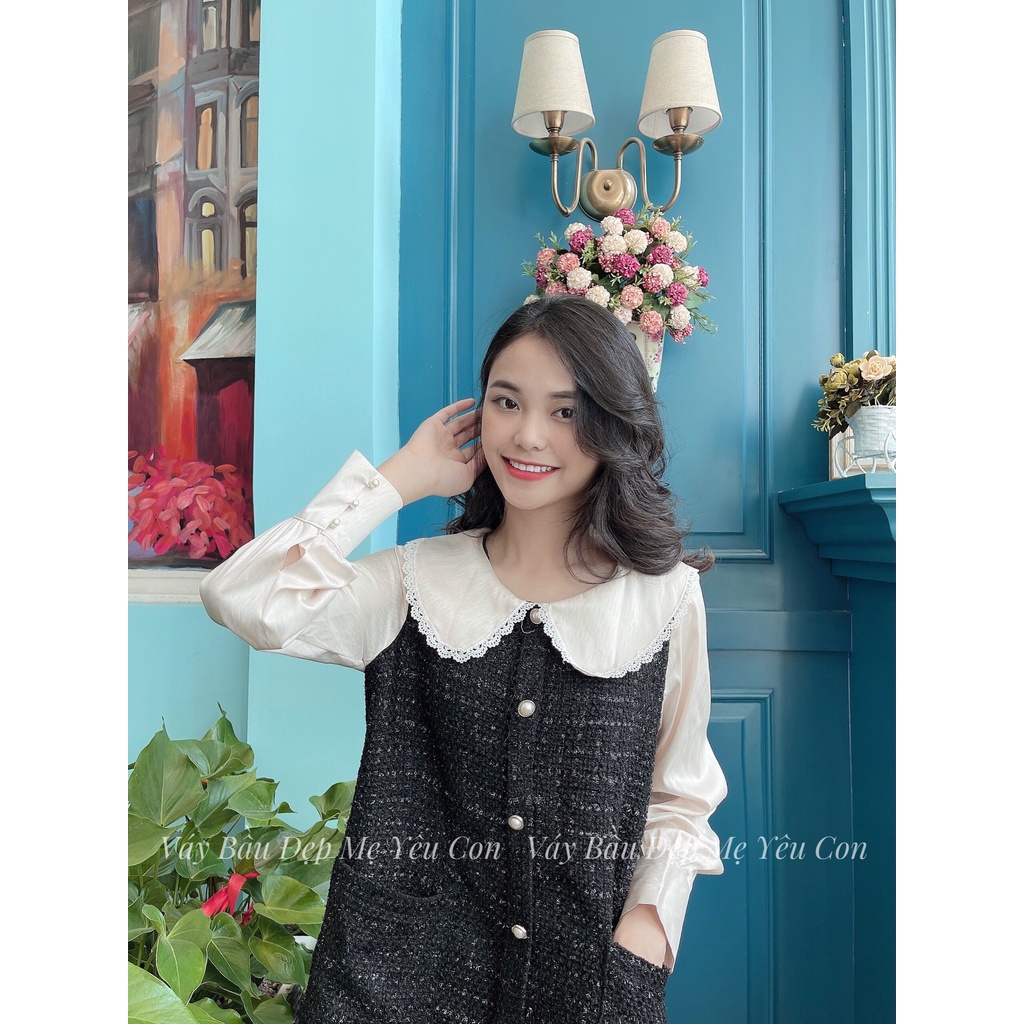 Đầm bầu công sở Váy bầu đẹp dạ tweed khuy dọc dáng suông MYC 7M