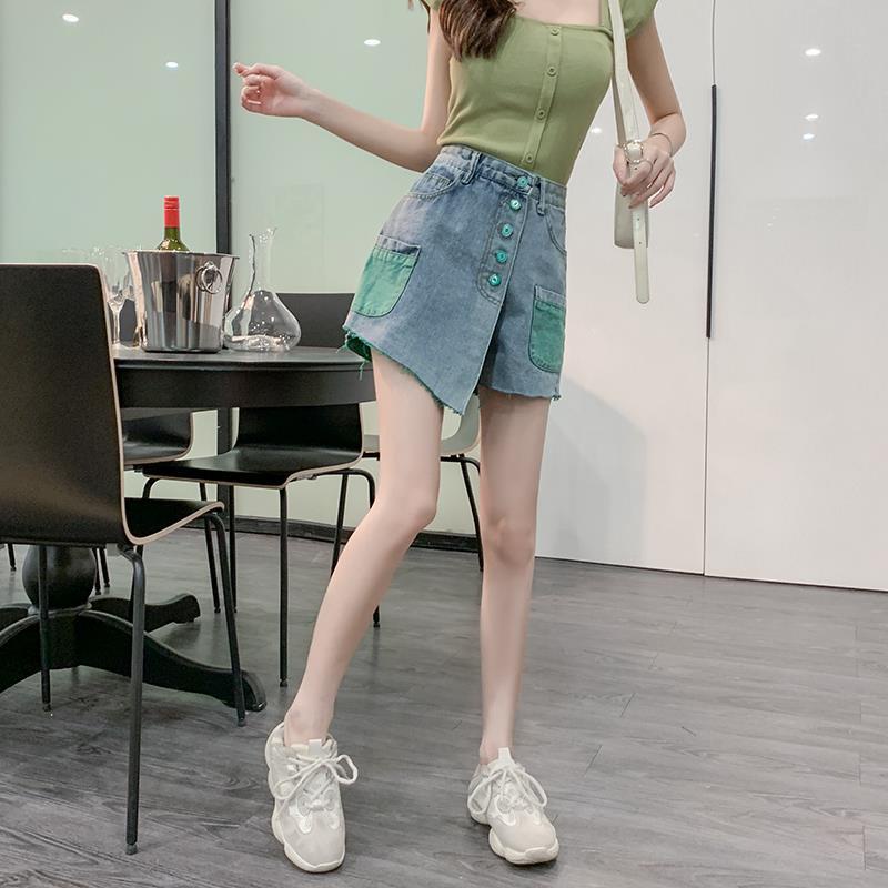 Quần Short Denim Giả Váy Lưng Cao Dáng Rộng Màu Sắc Tương Phản Thời Trang Xuân Hè Cho Nữ