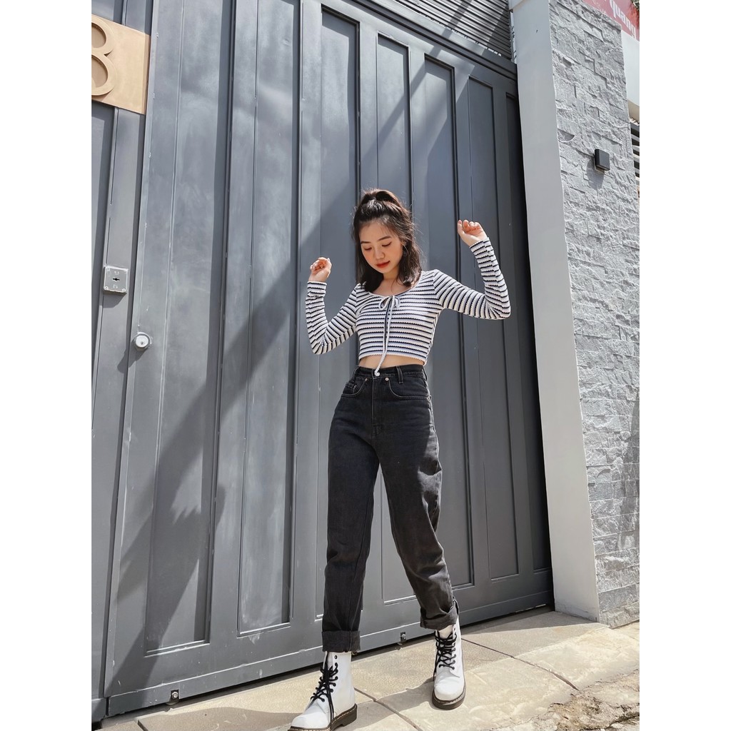 Anniegals - Áo croptop sọc xanh tay dài - Blue Striped Top