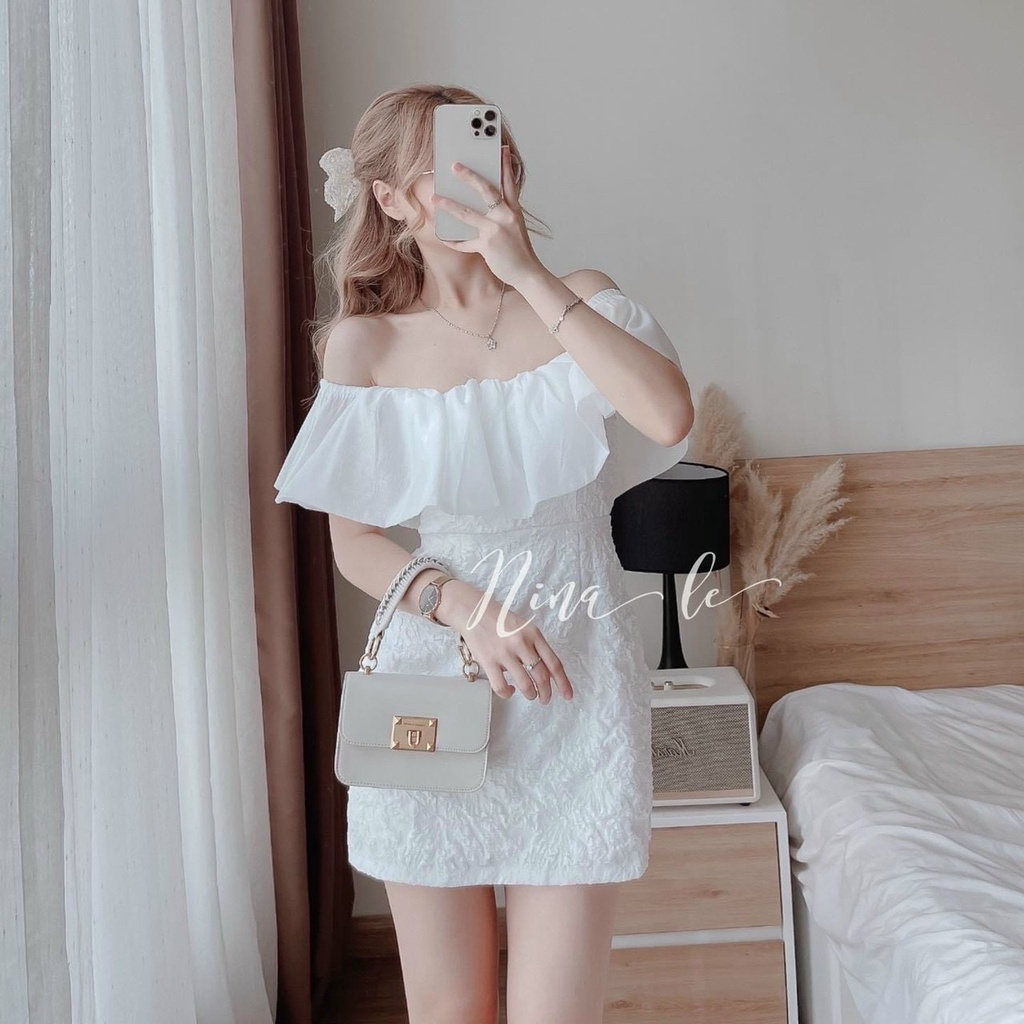 Đầm váy nữ trắng trễ vai xốp phối voan tơ ( đầm có lót , có mút ) tôn dáng trẻ trung sang trọng thanh lịch siêu xinh