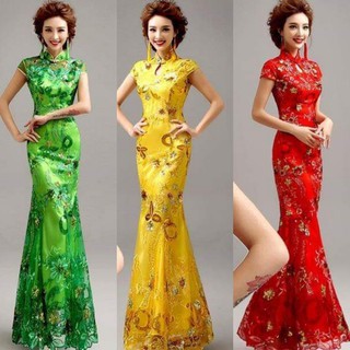 ĐẦM CƯỚI DẠ HỘI CỔ SƯỜN XÁM TRUNG HOA ĐUÔI CÁ HOA THÊU SANG TRỌNG CÓ SIZE LỚN 5XL - HÀNG NHẬP KHẨU