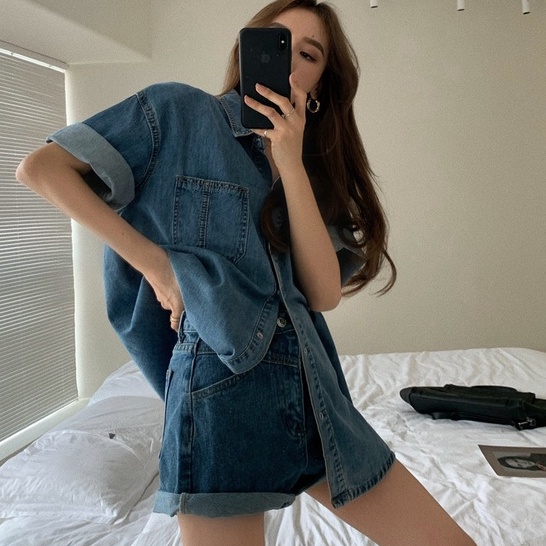 Áo Sơ Mi Jean Denim Túi Hộp Form Rộng LSEOUL S0652 Cá Tính Trẻ Trung Năng Động