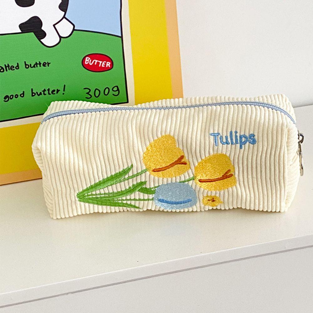 Túi Đựng Bút Bằng Nhung Kẻ Hình Hoa Tulip Có Khóa Kéo Cho Nữ Ốp