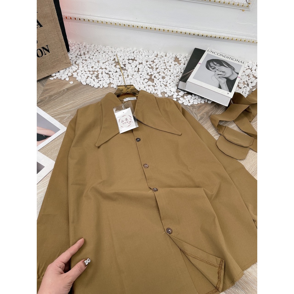 ÁO SƠ MI DÀI TAY ĐAI TÚI MÀU NÂU TÂY SIÊU XINH